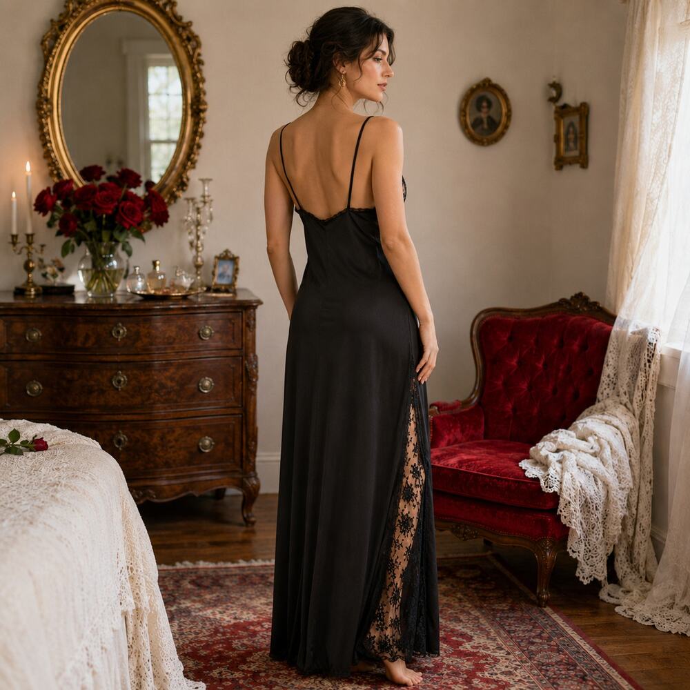 70s Black Lace Nightgown, Lady Cameo Dallas Spaghetti Strap Column Gown -M - Picture 2 of 9